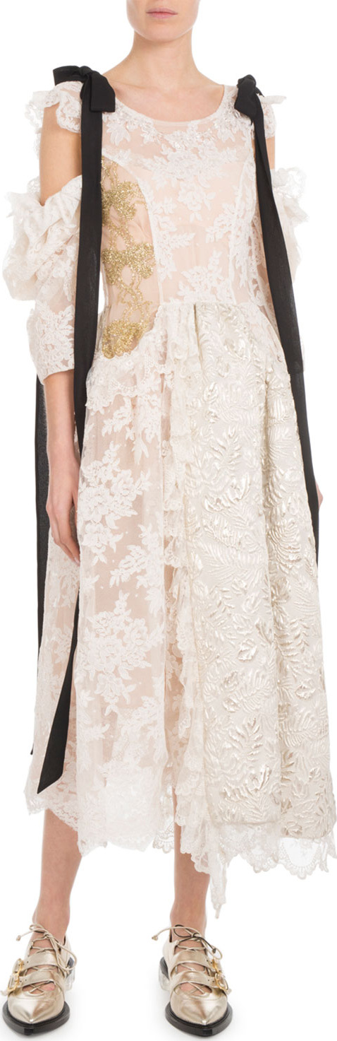 Simone Rocha Scoop-Neck Bow Cold-Shoulder Brocade Lace Calf-Length Dress