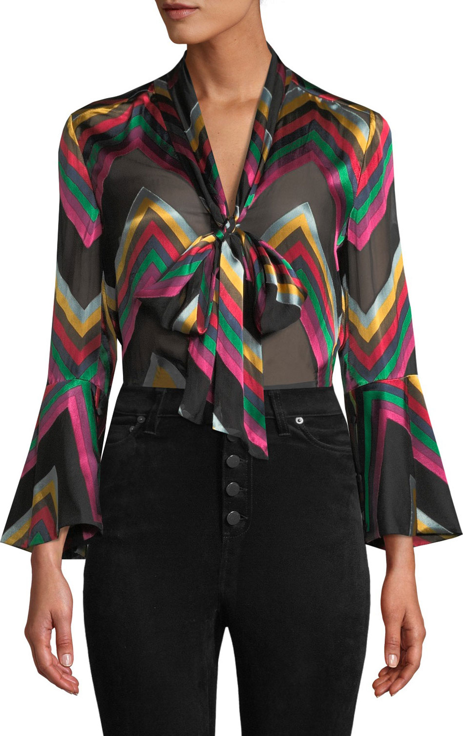 Alice + Olivia Merideth Slit-Sleeve Tie-Neck Top