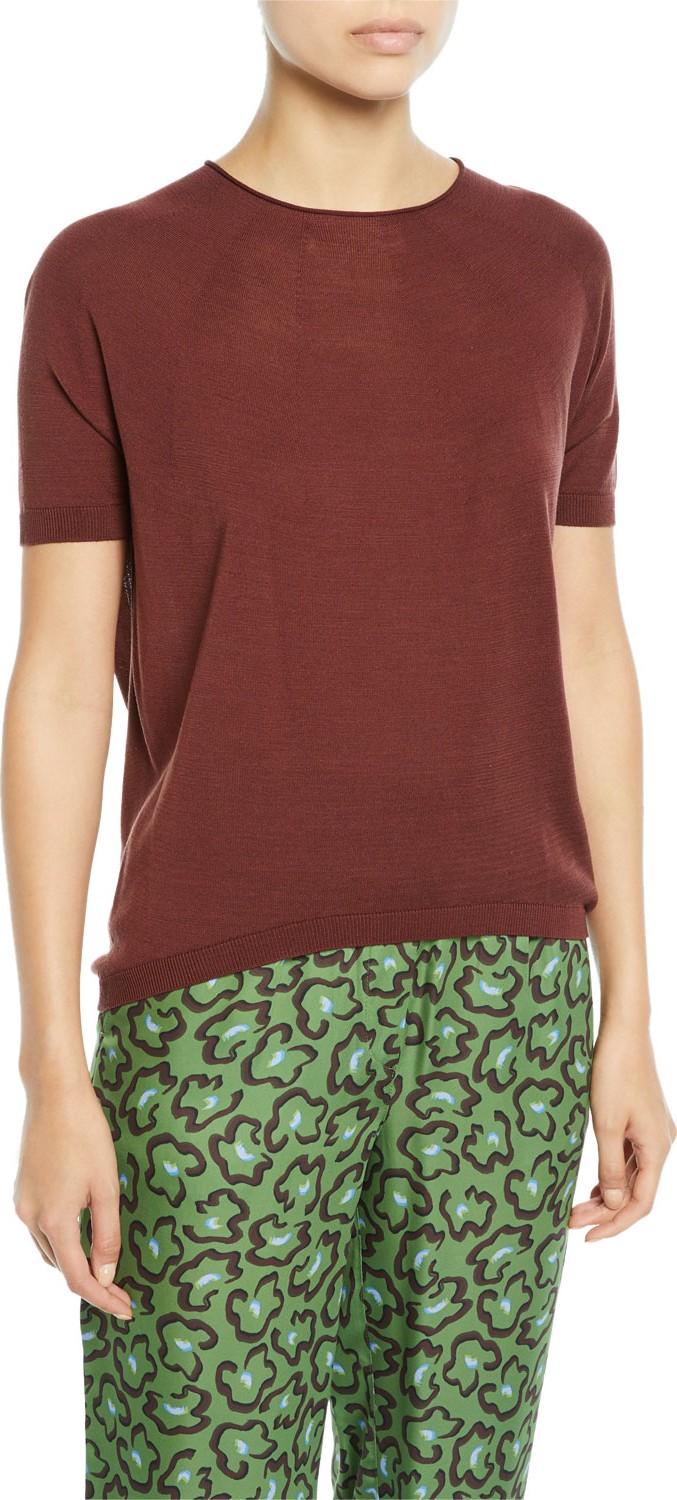 Christian Wijnants Kyoko Silk Round-Knit Crewneck Tee, Dark Red