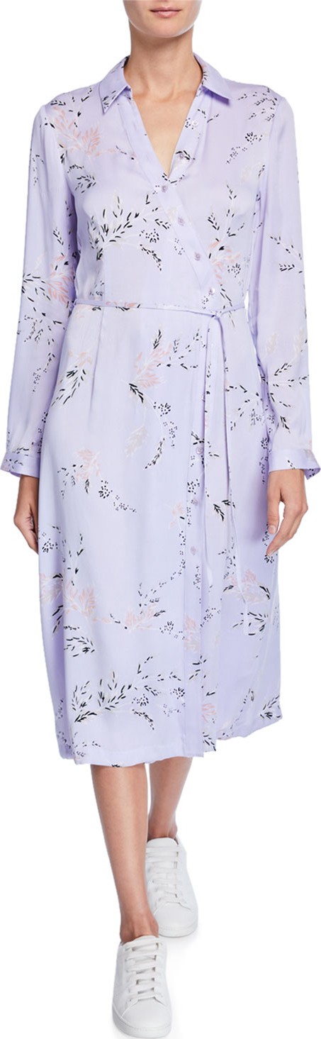Equipment Fabienne Leaf-Print Long-Sleeve Midi Dress