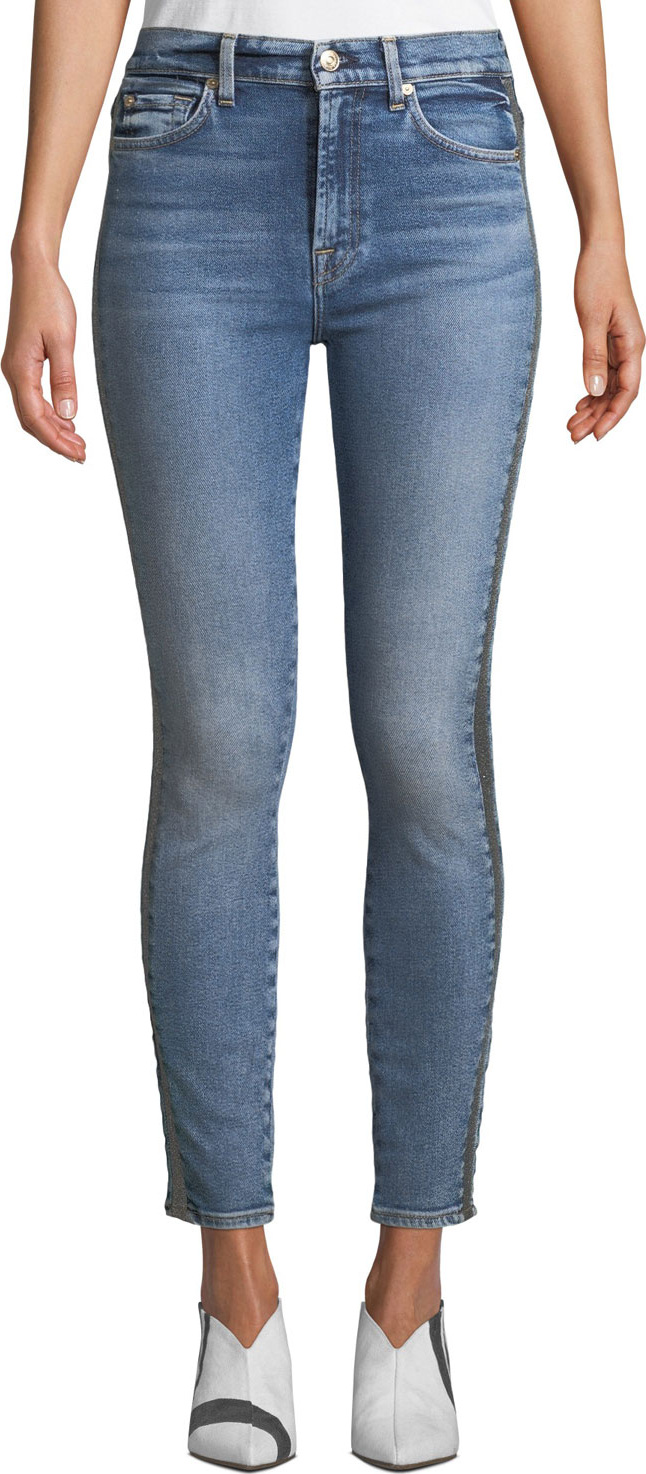 7 For All Mankind High-Waist Ankle Skinny Jeans with Metallic Stripes