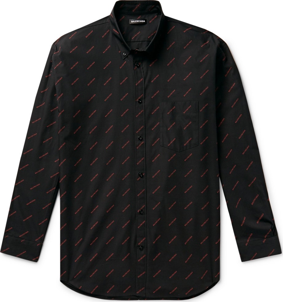 Balenciaga Button-Down Collar Logo-Print Cotton-Poplin Shirt