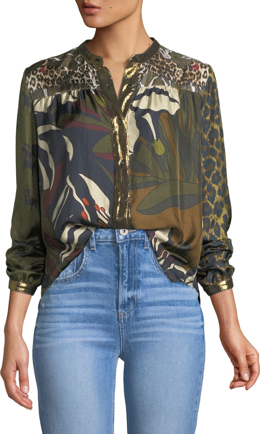 La Prestic Ouiston Floral-Pattern Mandarin-Collar Silk Blouse