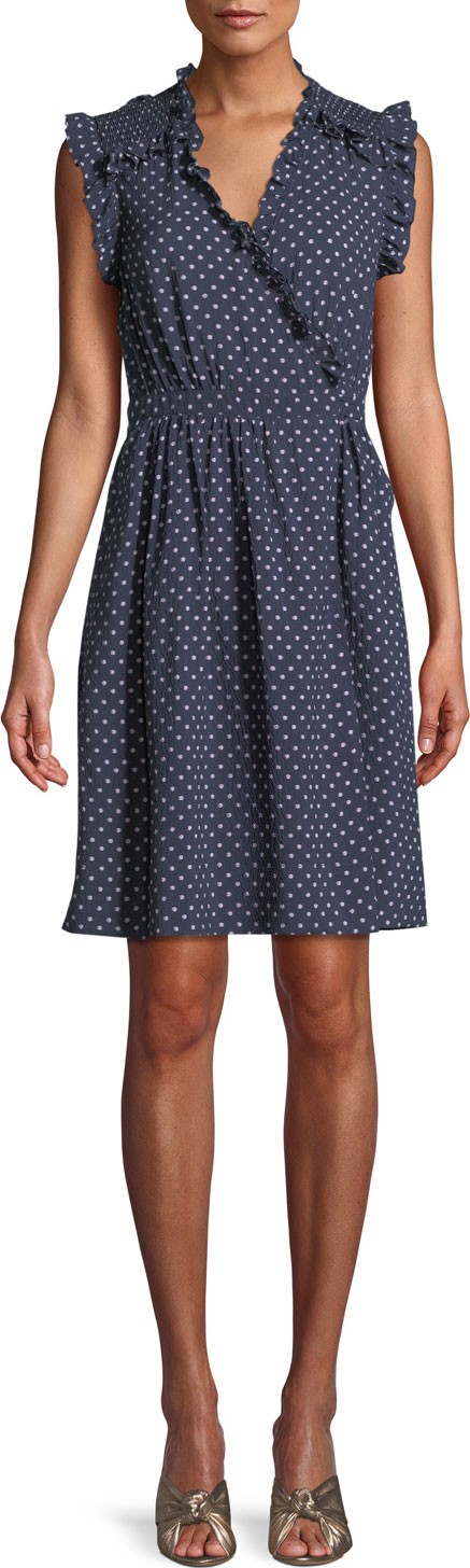 Rebecca Taylor Sleeveless Surplice Ruffle Ikat-Dot Dress