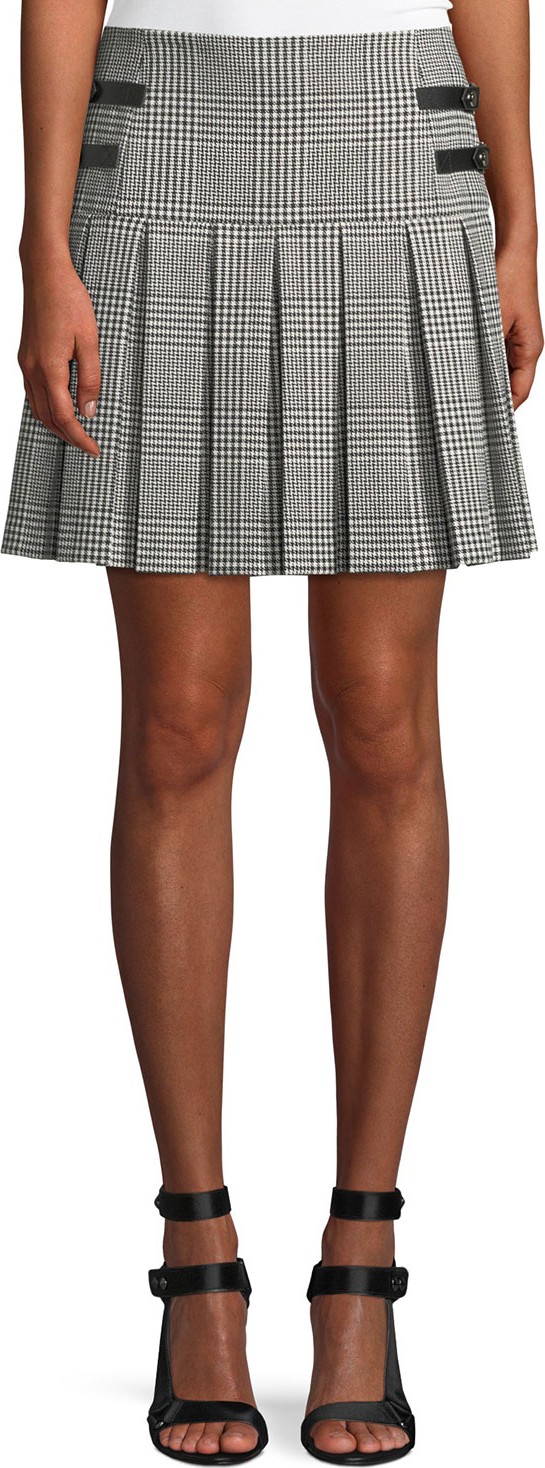 Alice + Olivia Emilie Pleated Check Short Skirt w/ Leather Buckles