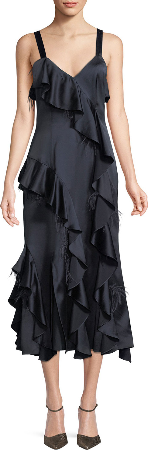 Cinq A Sept Gigi V-Neck Sleeveless Satin Ruffled Dress w/ Feather Trim