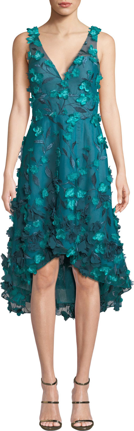 Marchesa Notte Sleeveless High-Low 3D Flower Dress