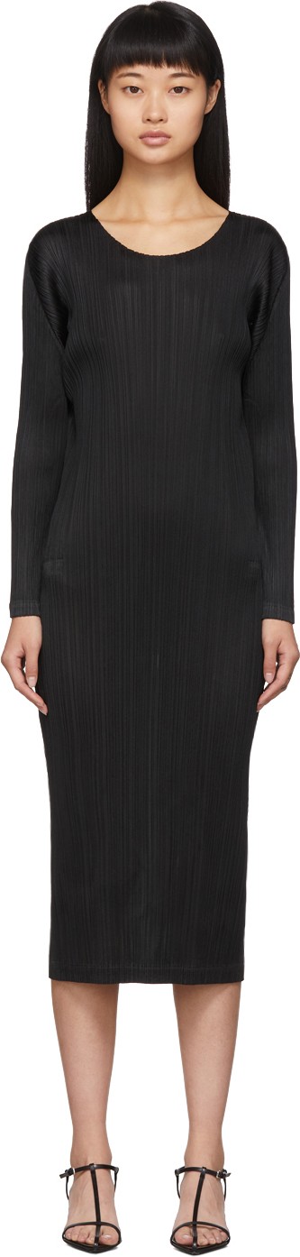 Pleats Please By Issey Miyake Black Pleated Long Sleeve Dress