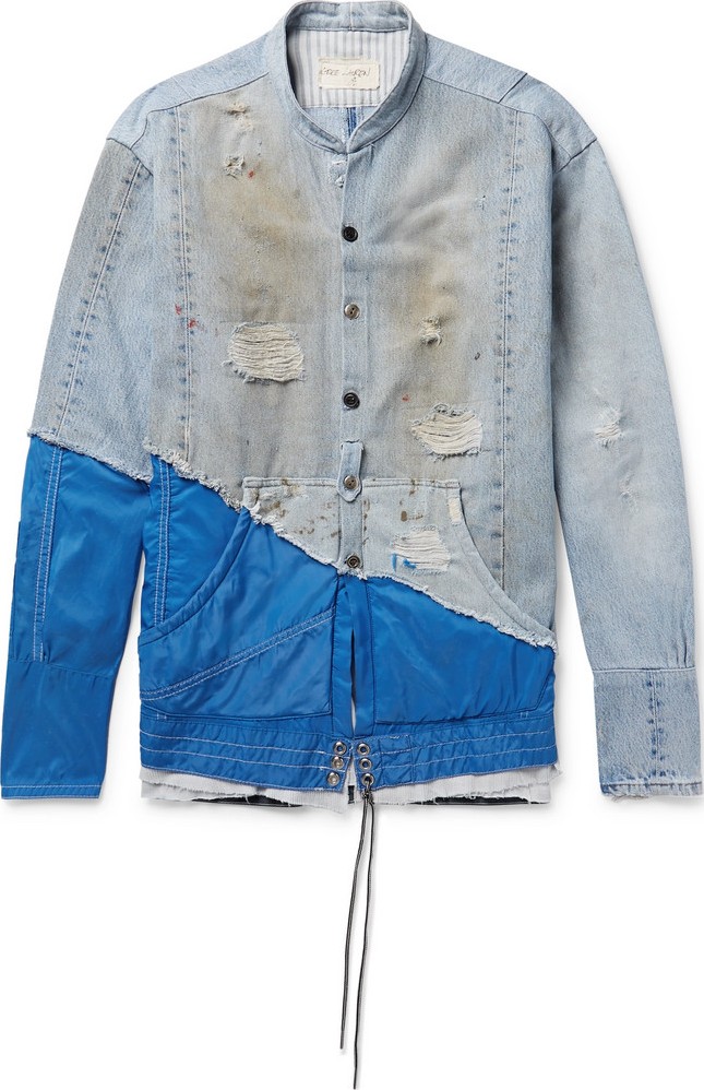 Greg Lauren + Birdwell Grandad-Collar Panelled Distressed Denim and Nylon Shirt
