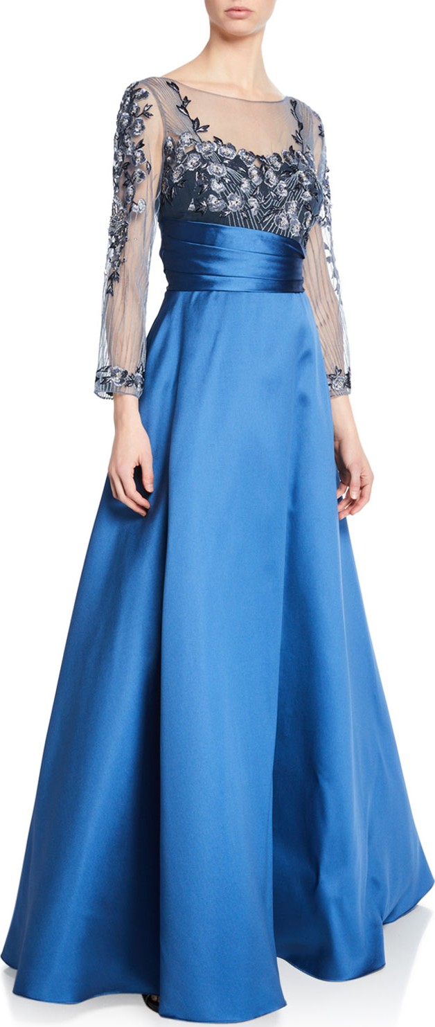 Marchesa Notte Sweetheart Illusion Mikado Ball Gown w/ 3D Floral-Embroidered Bodice