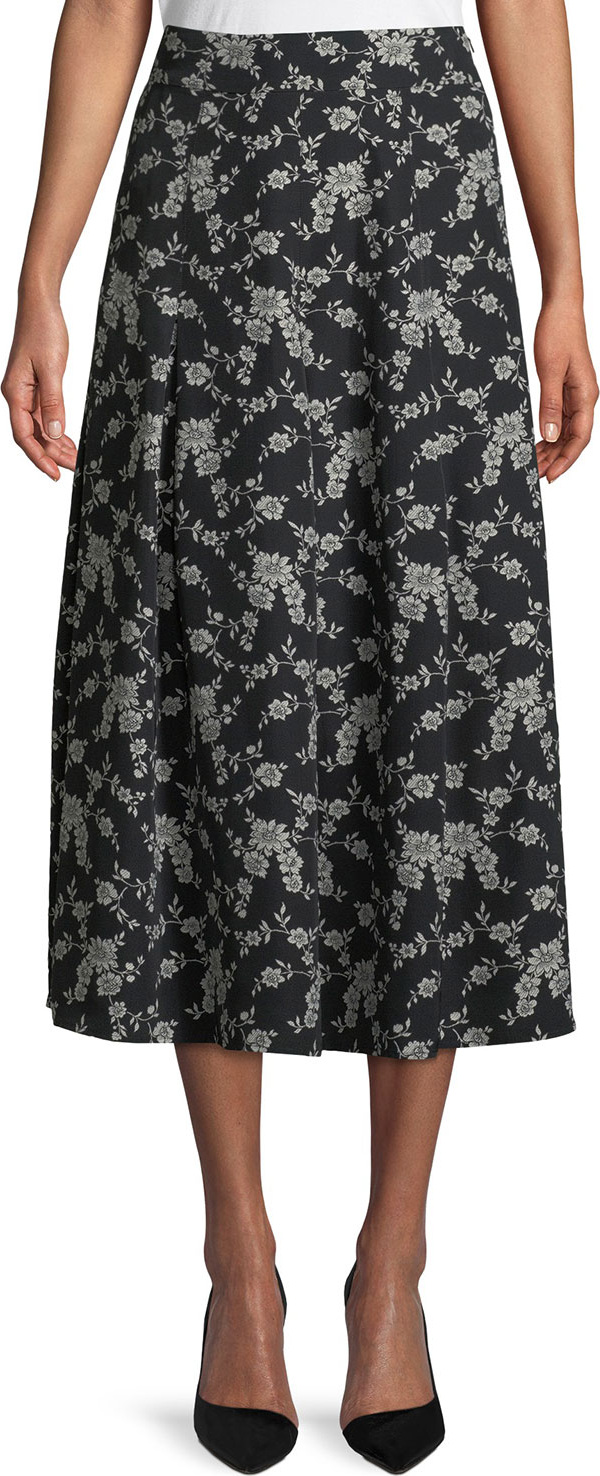 Co Floral-Print Gabardine Box-Pleat Midi Skirt