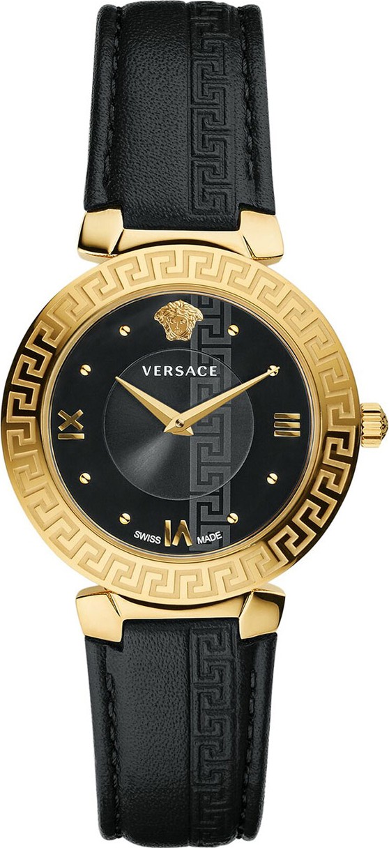 Versace 35mm Daphnis Leather Greca Watch, Black