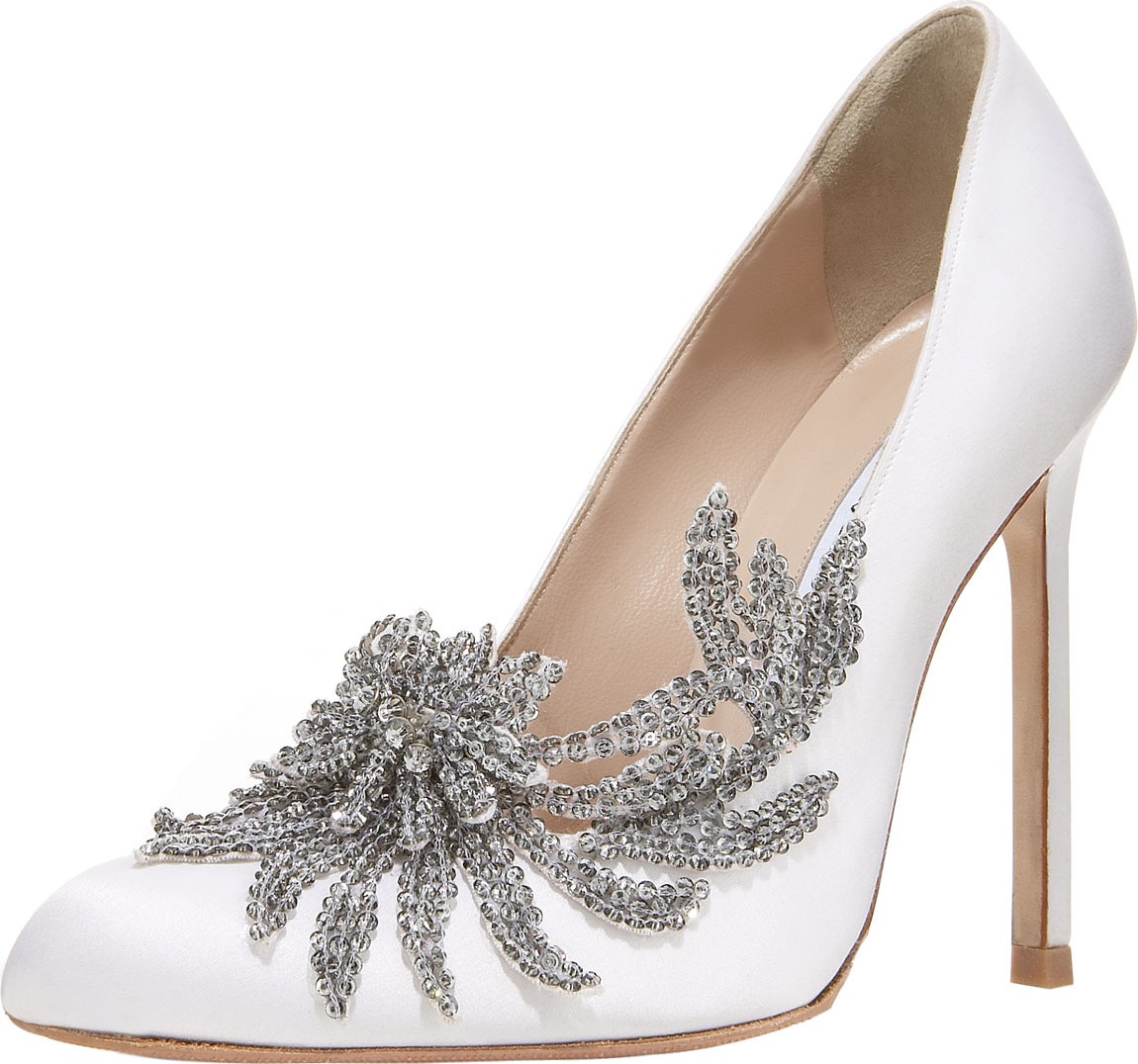 Manolo Blahnik Swan Embellished Satin Pump, White