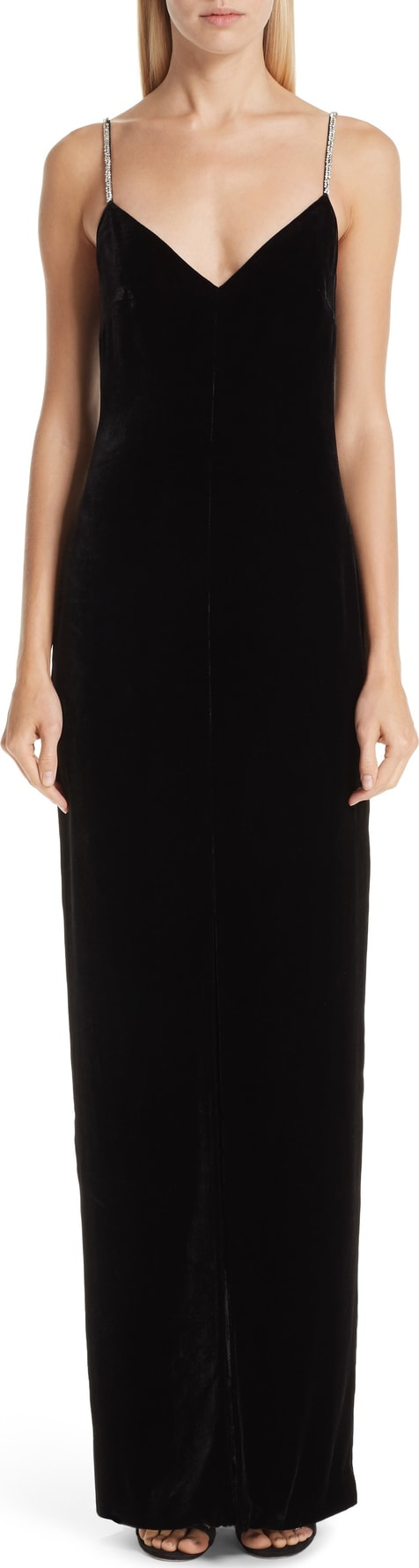Monique Lhuillier Crystal Strap Velvet Column Gown