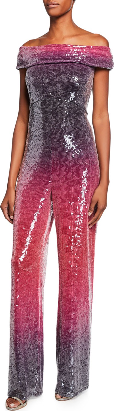 Tadashi Shoji Ombre Sequin Off-the-Shoulder Short-Sleeve Jumpsuit