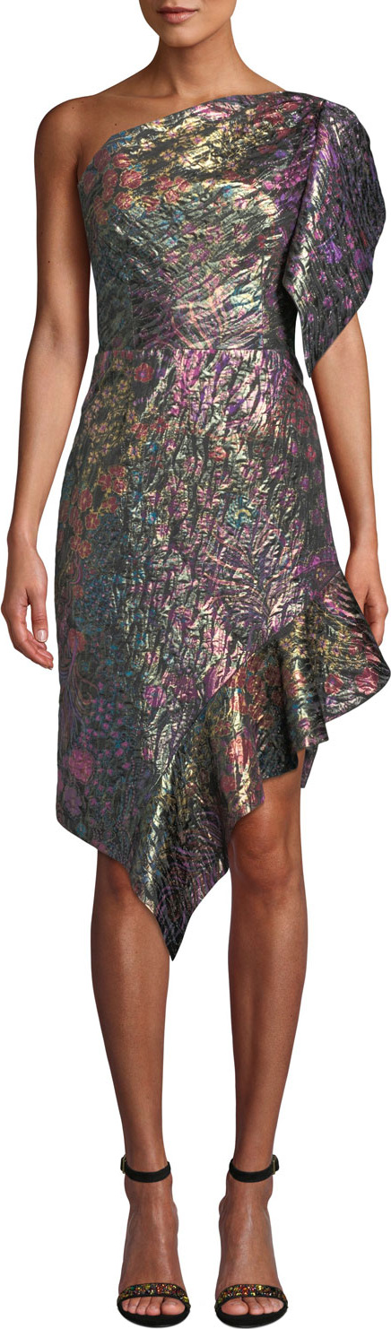 Josie by Natori One-Shoulder Metallic Floral-Jacquard Daytime Dress