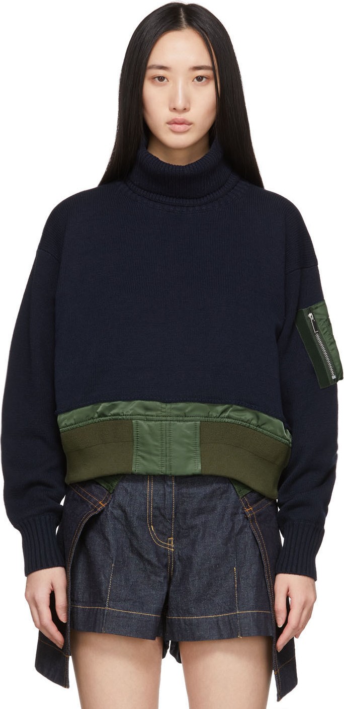 Sacai Navy Knit Crop Crewneck Sweater