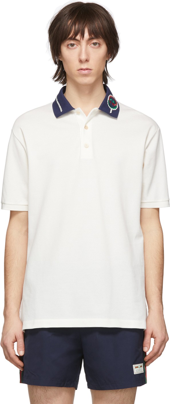 Gucci Off-White Embroidered Collar Polo