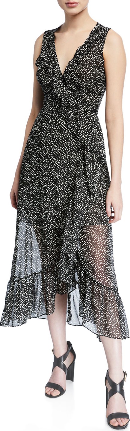 MISA Los Angeles Mari Surplice Dot-Print Sleeveless Ruffle Wrap Dress