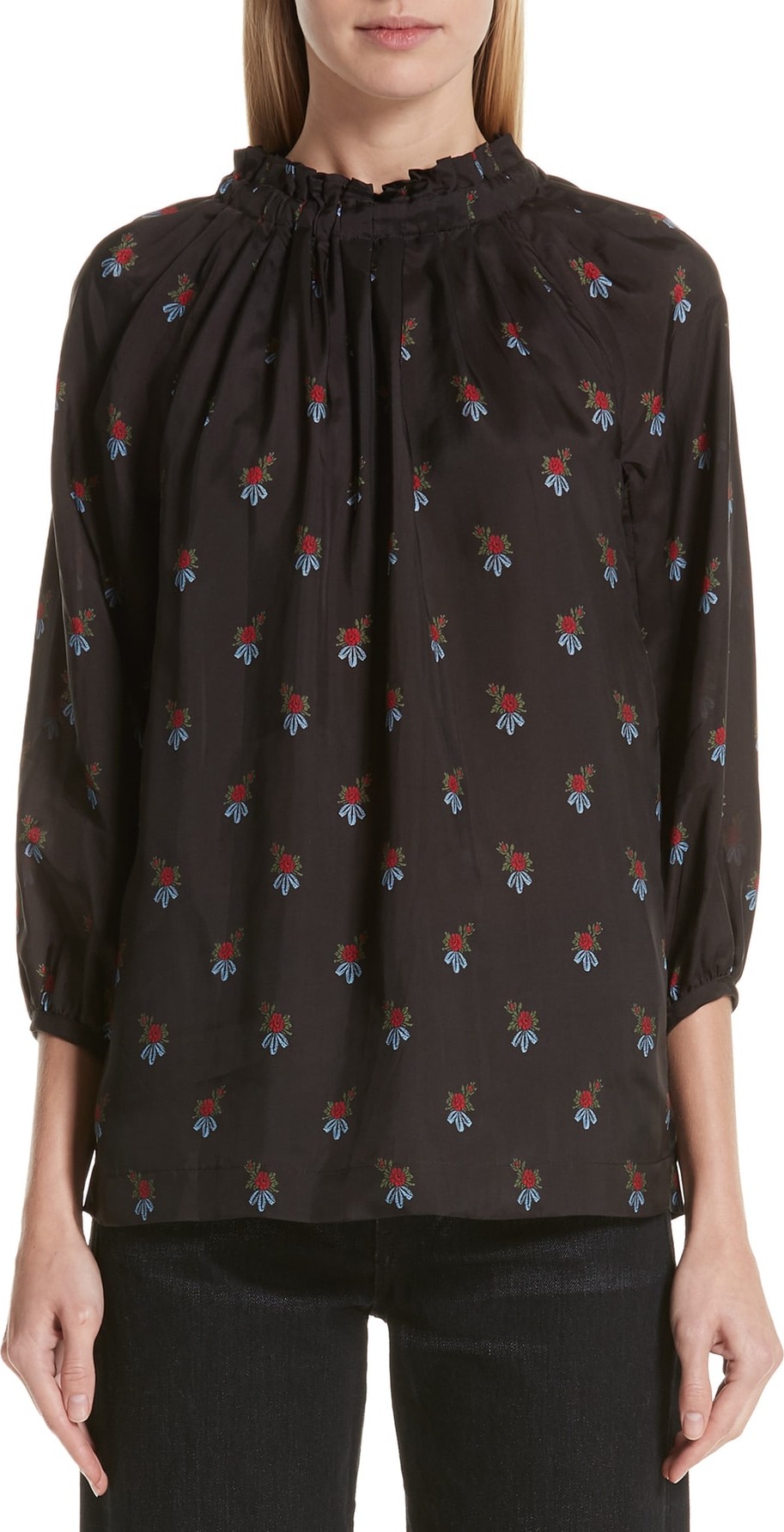 Tricot Comme des Garçons Floral Print Ruffle Neck Blouse