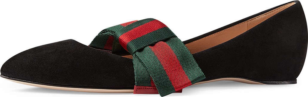 Gucci Web Bow Suede Ballet Flats, Black
