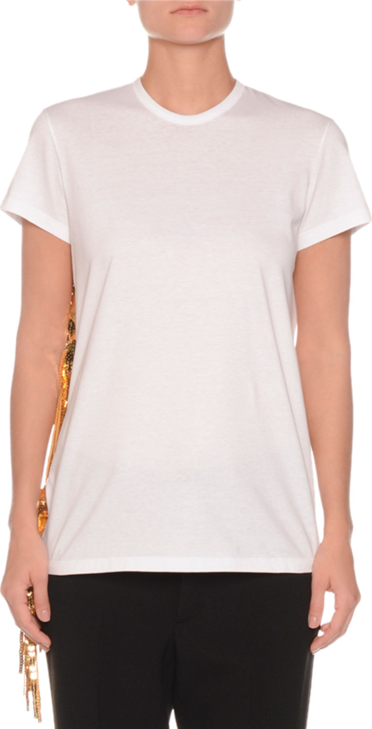 Nº21 Sequin-Fringe Sides Crewneck Short-Sleeve Cotton Tee
