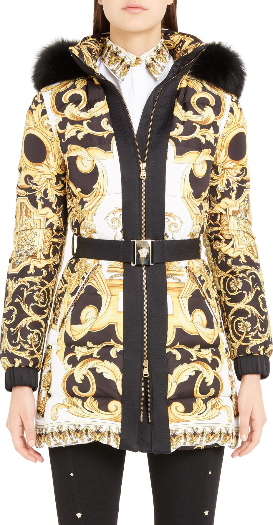 Versace Stamp Print Genuine Fox Fur Trim Quilted Coat