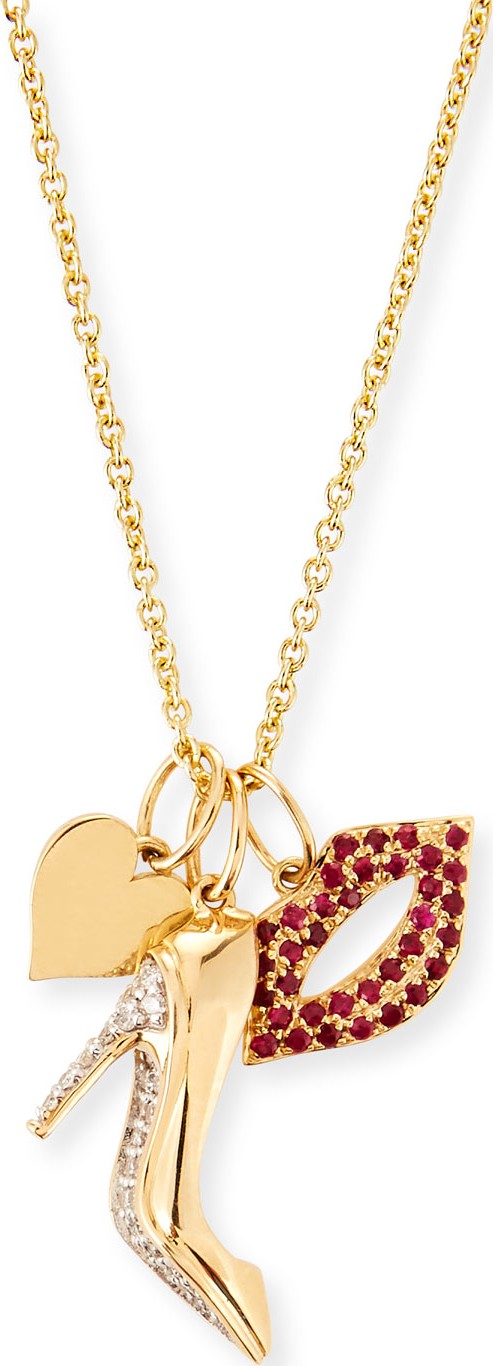 Sydney Evan 14k Heart, Stiletto & Lips Trio Pendant Necklace