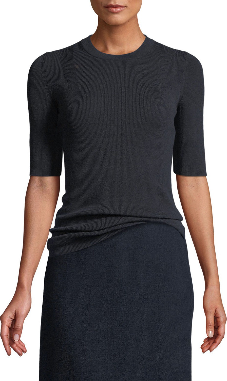 Lafayette 148 New York Fine Gauge Merino Skinny Rib Short-Sleeve Sweater