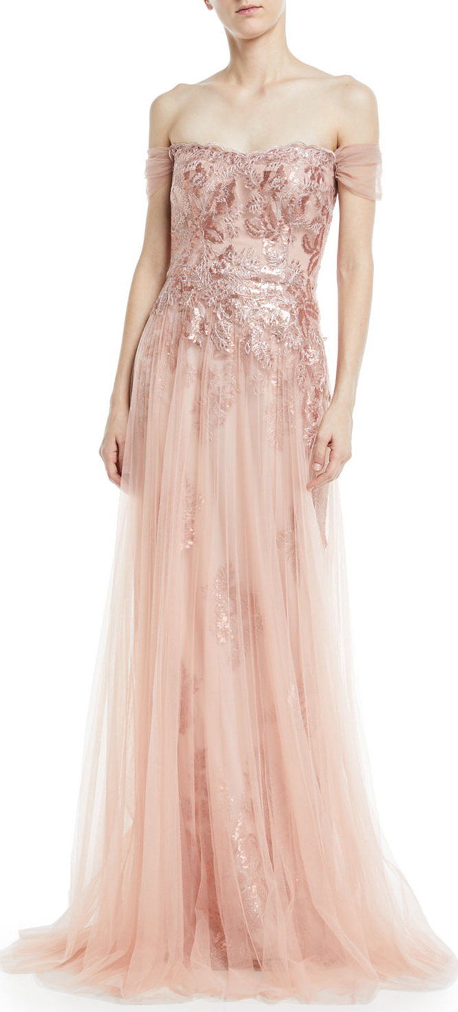 Rickie Freeman for Teri Jon Off-the-Shoulder Sequin Lace Gown with Tulle Overlay