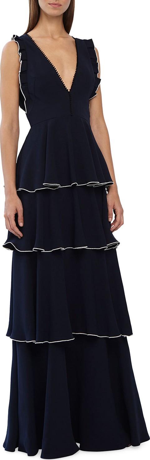 ML Monique Lhuillier Sleeveless V-Neck Layered Crepe A-Line Dress w/ Ruffle Details