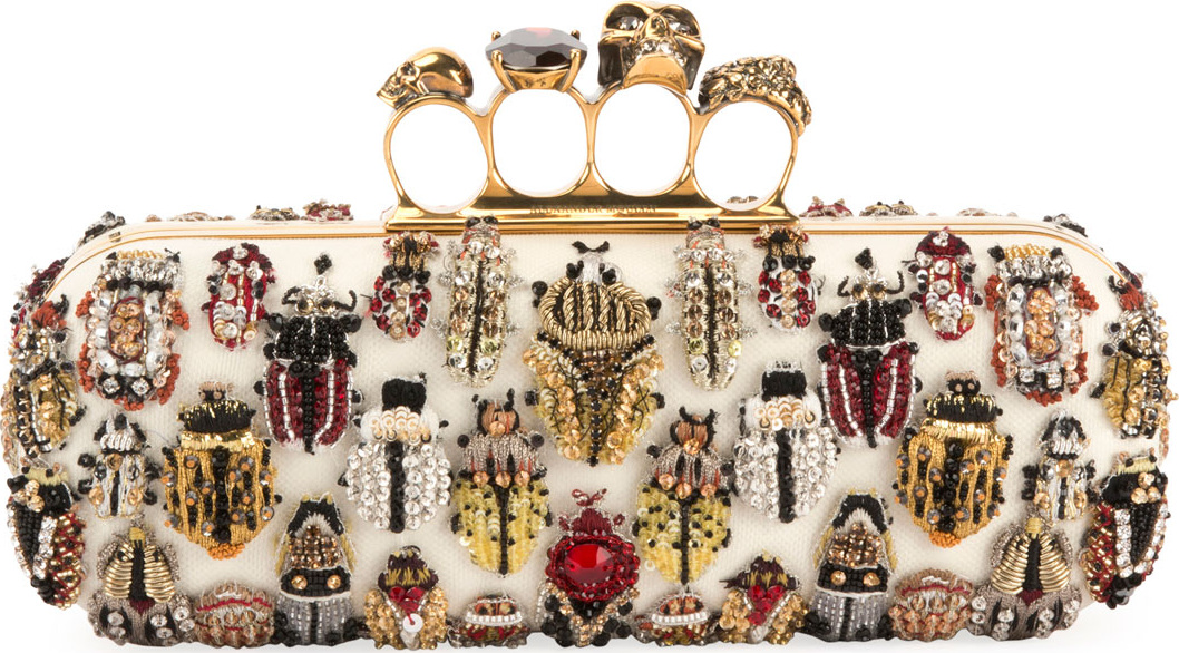 Alexander McQueen Long 4-Ring Knuckle Clutch Bag with Bug Embroidery