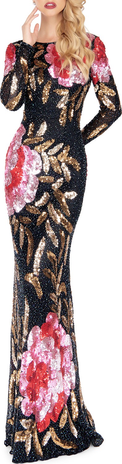 Mac Duggal Floral Sequin Long-Sleeve Column Gown