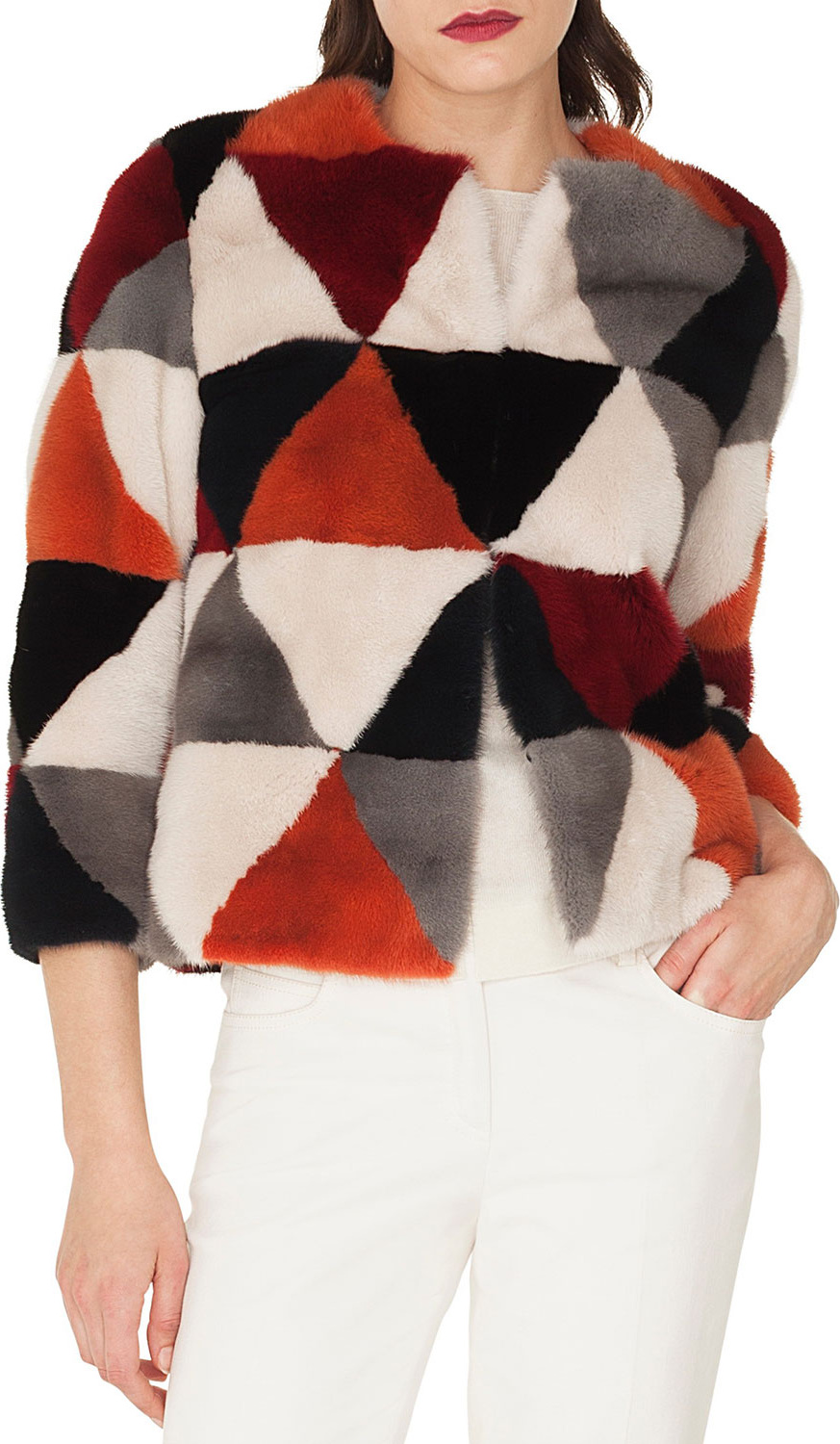 Akris Suzume Hook-Front Diamond-Patchwork Mink Fur Short Coat