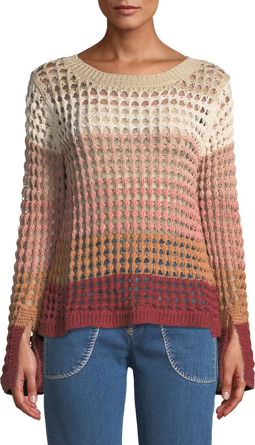 See By Chloé Crewneck Multicolor Open-Knit Sweater