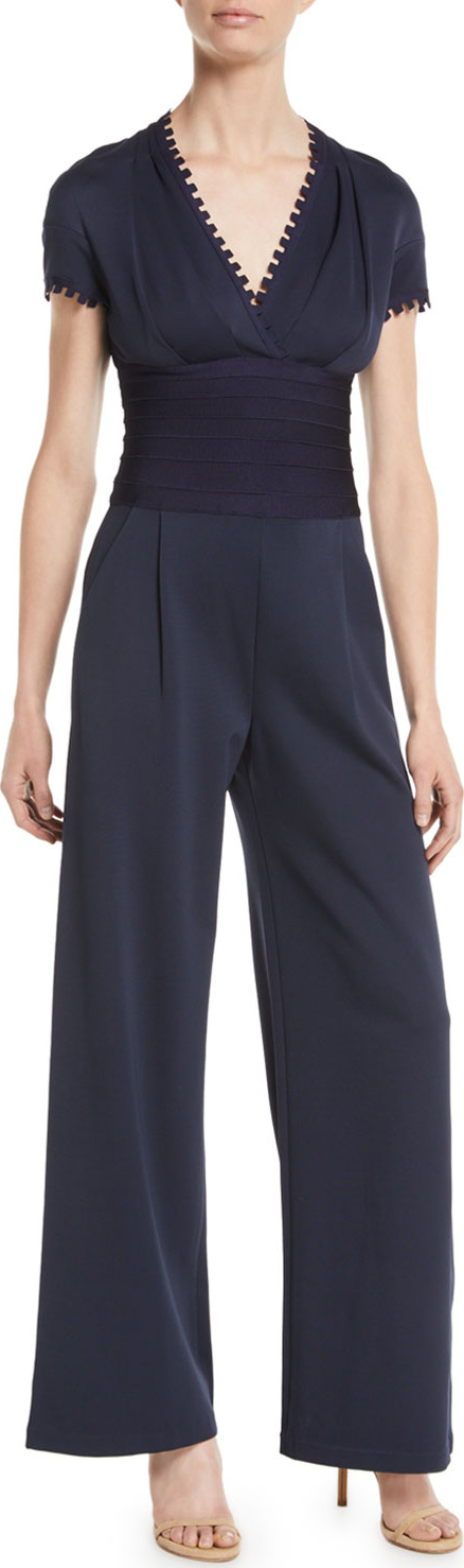 Herve Leger Rickrack V-Neck Cap-Sleeve Bandage-Waist Wide-Leg Jumpsuit