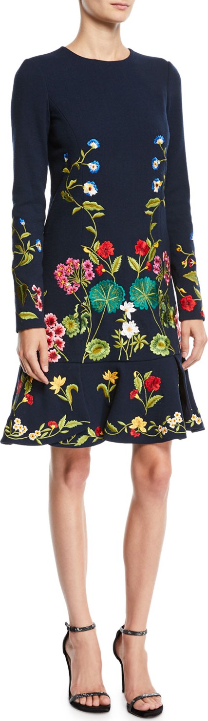 Oscar De La Renta Long-Sleeve Floral-Embroidered Fit-and-Flare Knit Dress