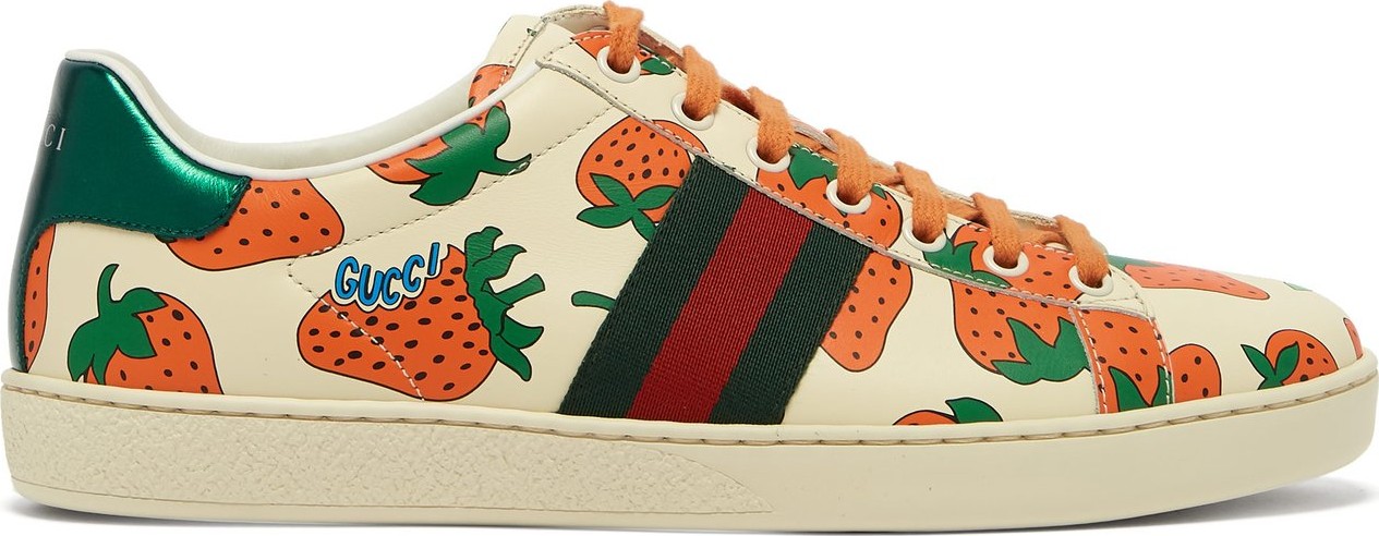 Gucci New Ace Strawberry-print low-top leather trainers