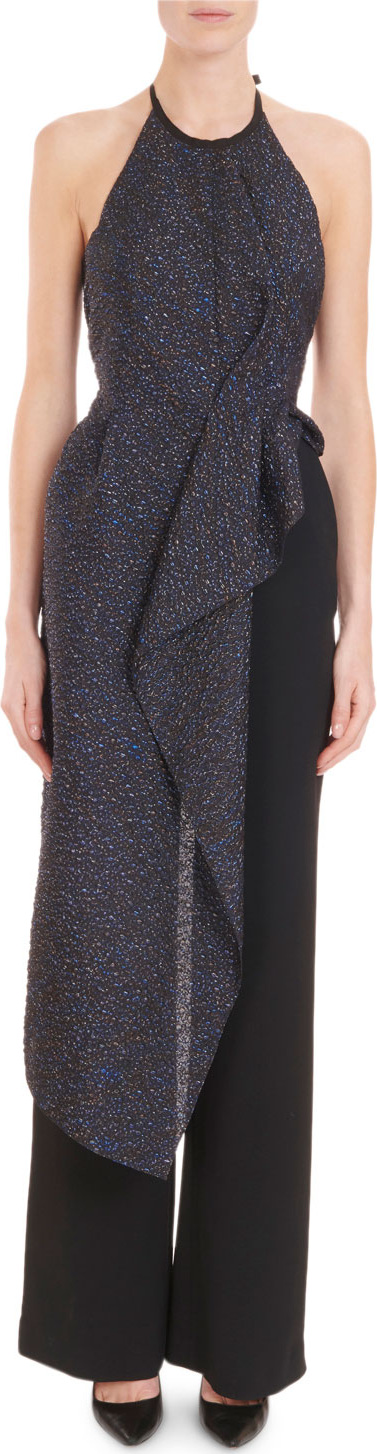 Roland Mouret Sleeveless Halter Drape-Front Metallic-Jacquard Wide-Leg Jumpsuit