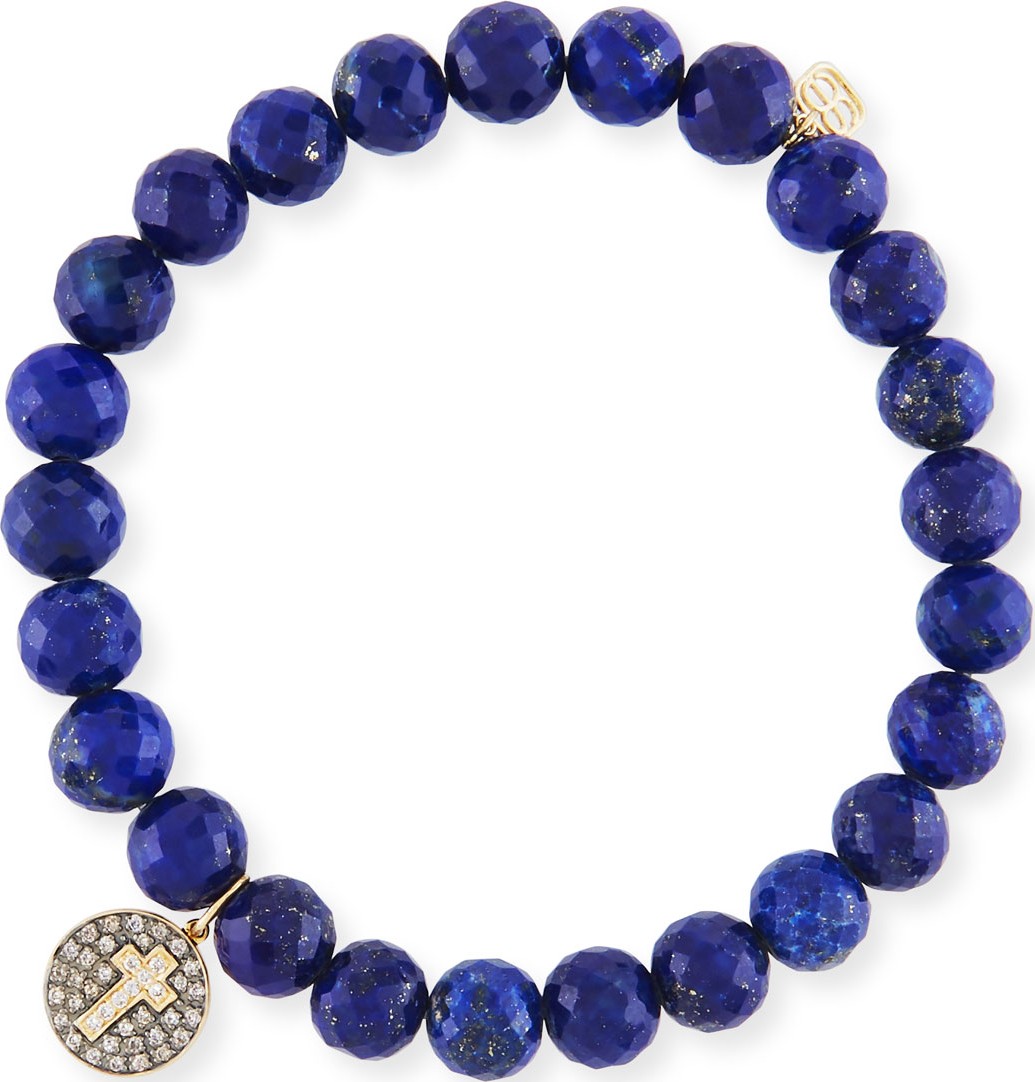 Sydney Evan 7mm Beaded Lapis Bracelet with Diamond Cross Medallion Charm
