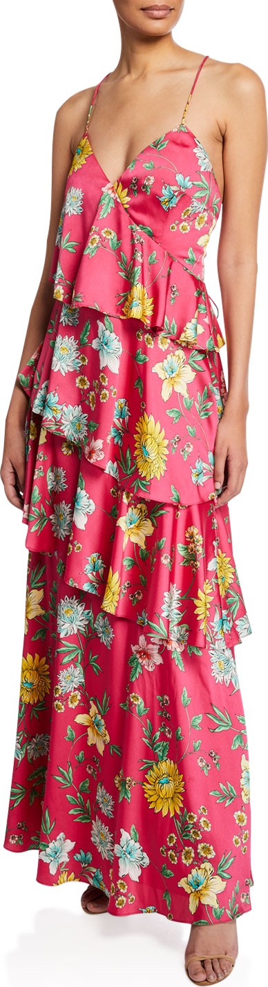 Aidan by Aidan Mattox Tiered Floral-Print Ruffle Open-Back Maxi Dress