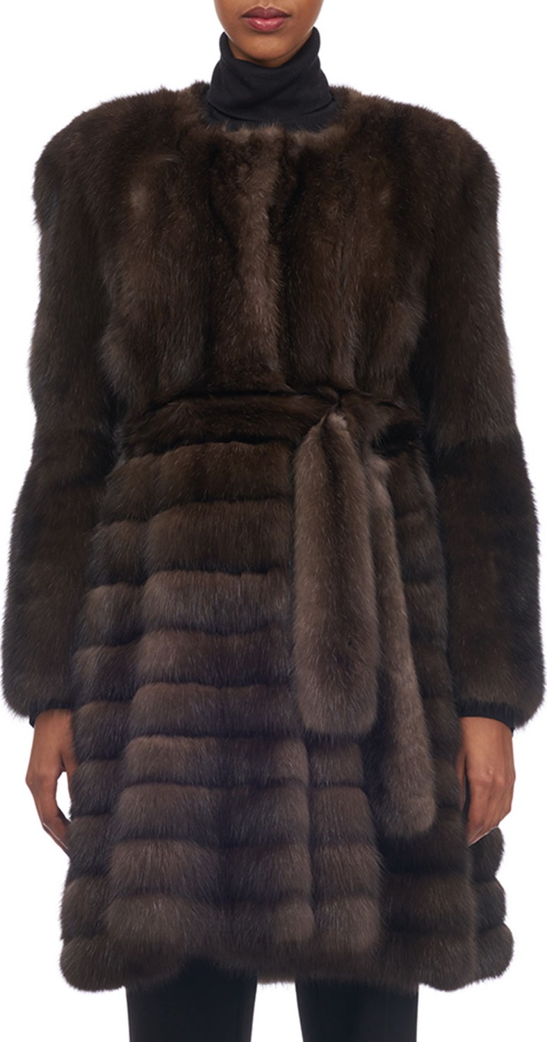 Tsoukas Belted Vertical Sable Fur Stroller Coat with Horizontal Flare Skirt
