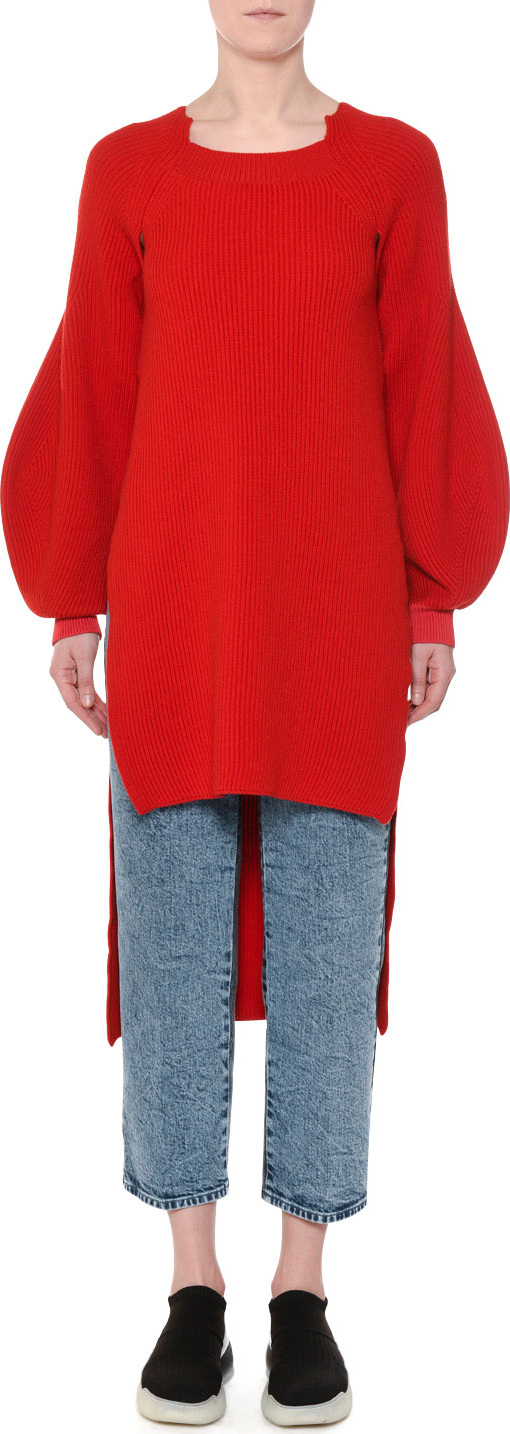 Stella McCartney High-Low Balloon-Sleeve Ribbed Wool Tunic Sweater