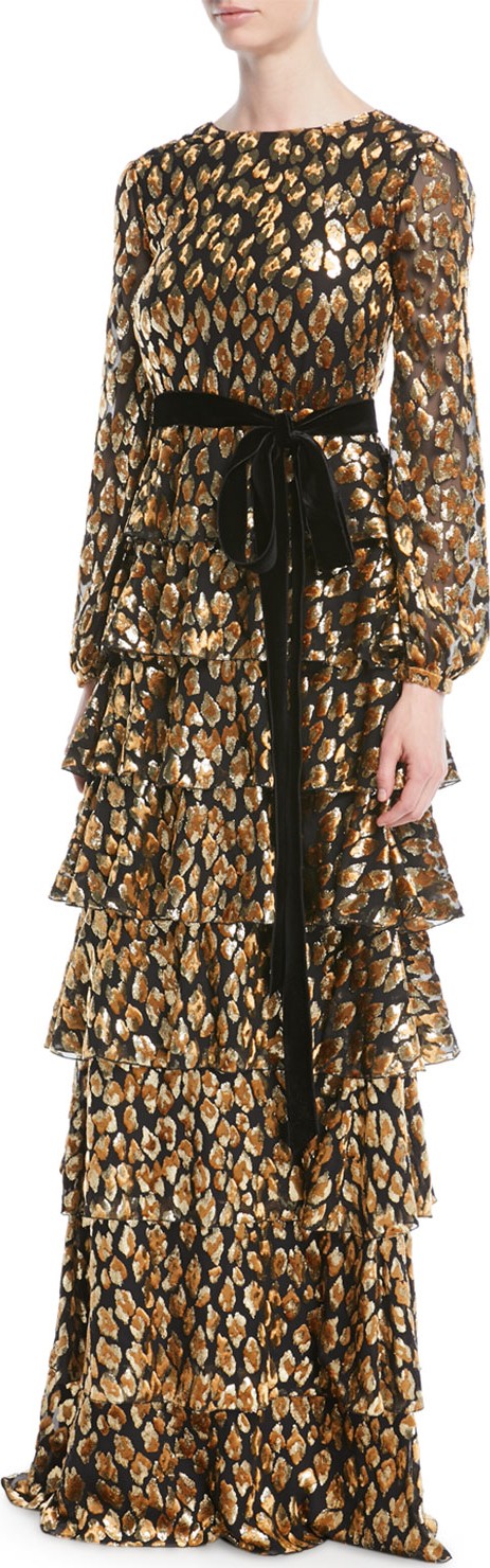 Valentino Long-Sleeve Tiered Velvet Animalier Gown w/ Belt