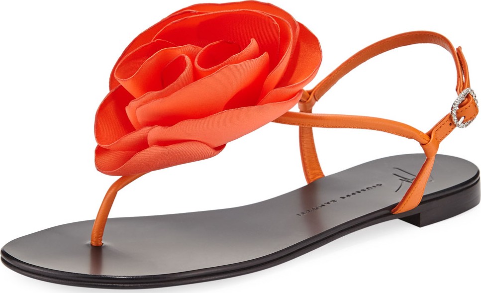 Giuseppe Zanotti Leather Thong Sandal with Flower Detail