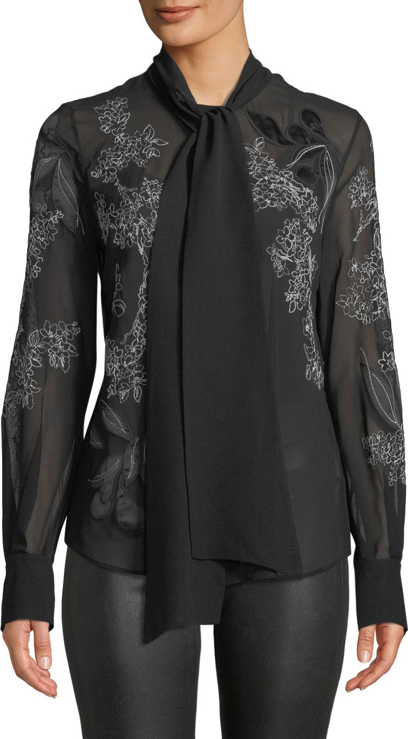 Lafayette 148 New York Lisanna Tie-Neck Floral-Embroidered Silk Georgette Blouse