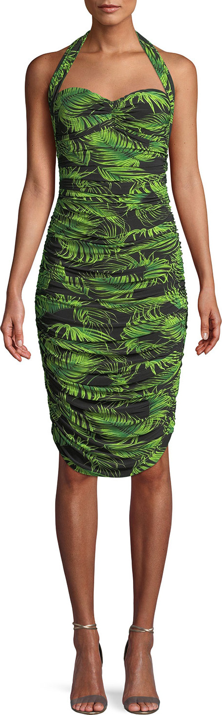 Norma Kamali Bill Palm Leaf Shirring Halter Dress
