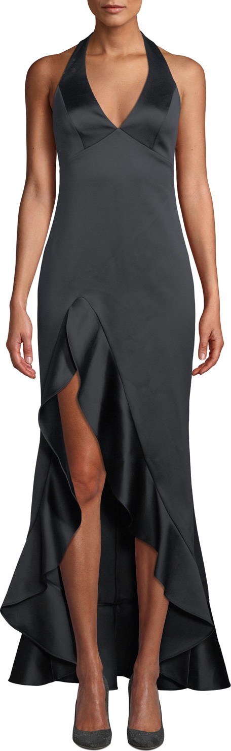 HALSTON HERITAGE Halter V-Neck High-Low Gown with Flounce Skirt