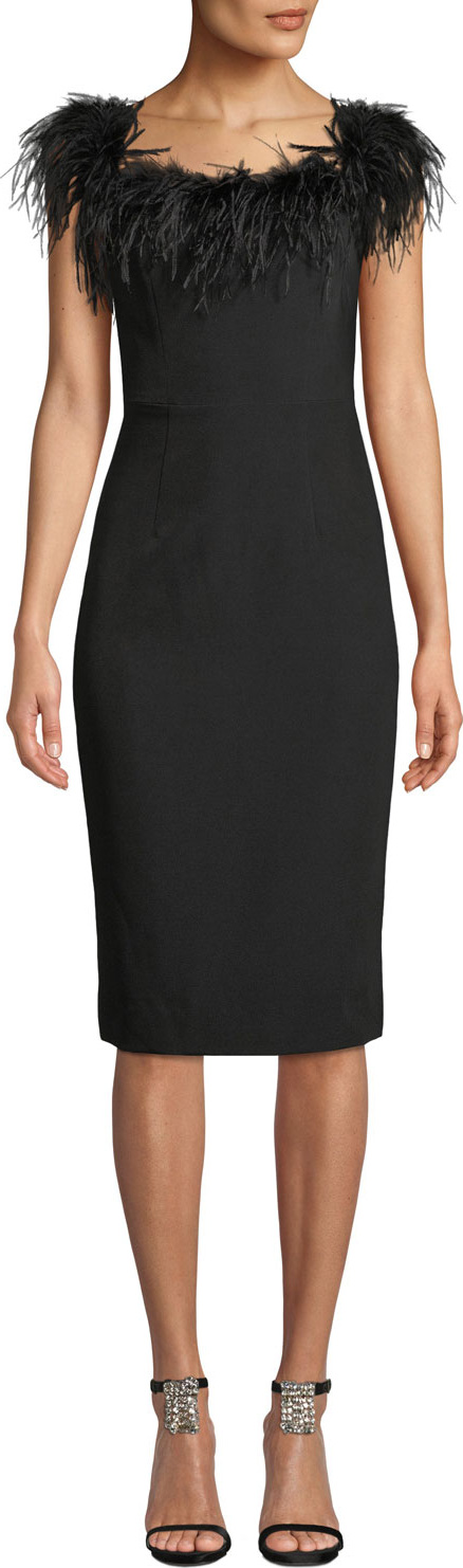 MILLY Elle Feather Boat-Neck Sleeveless Italian Cady Sheath Dress