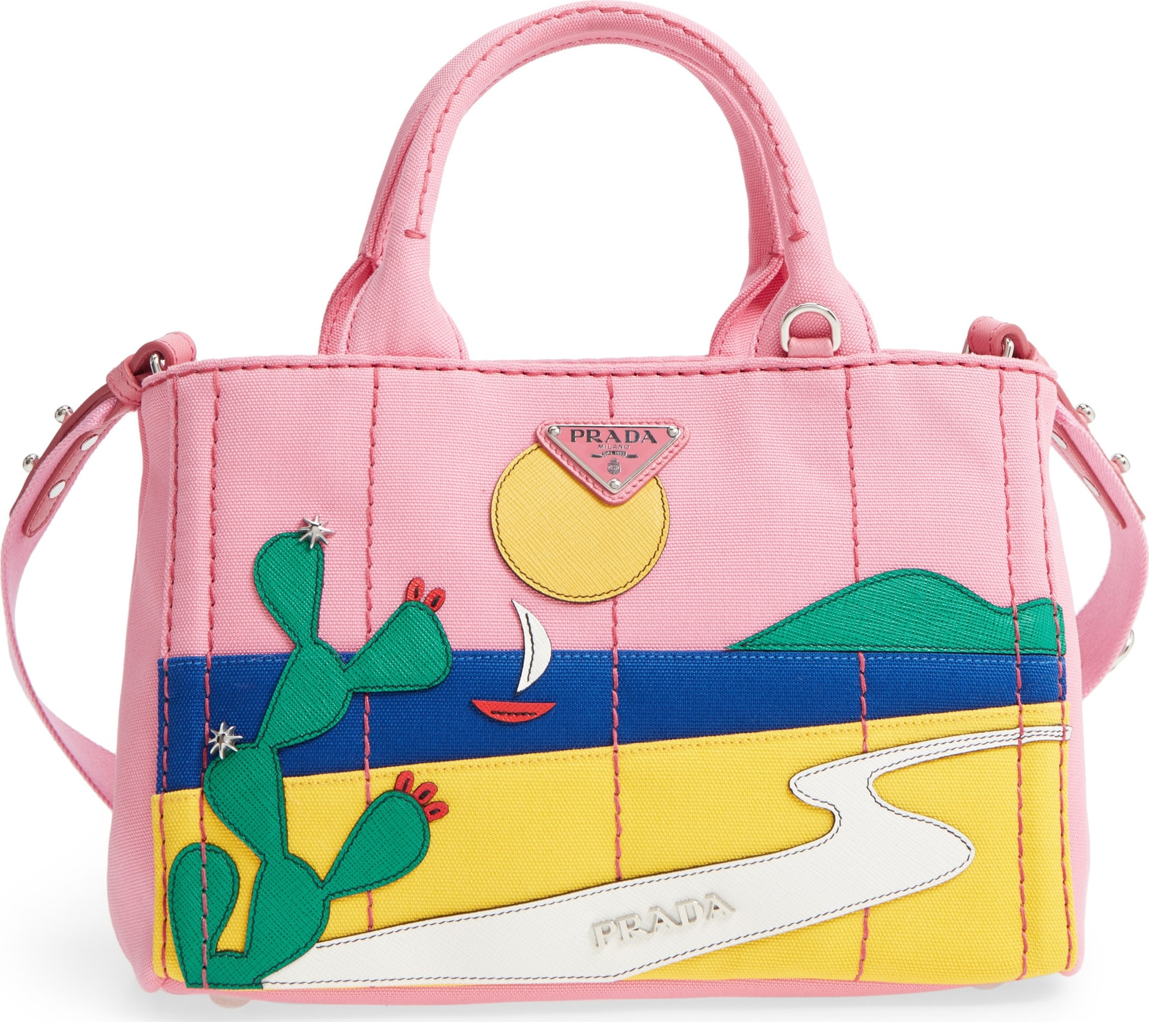 Prada Desert Motif Patch Leather & Canvas Tote